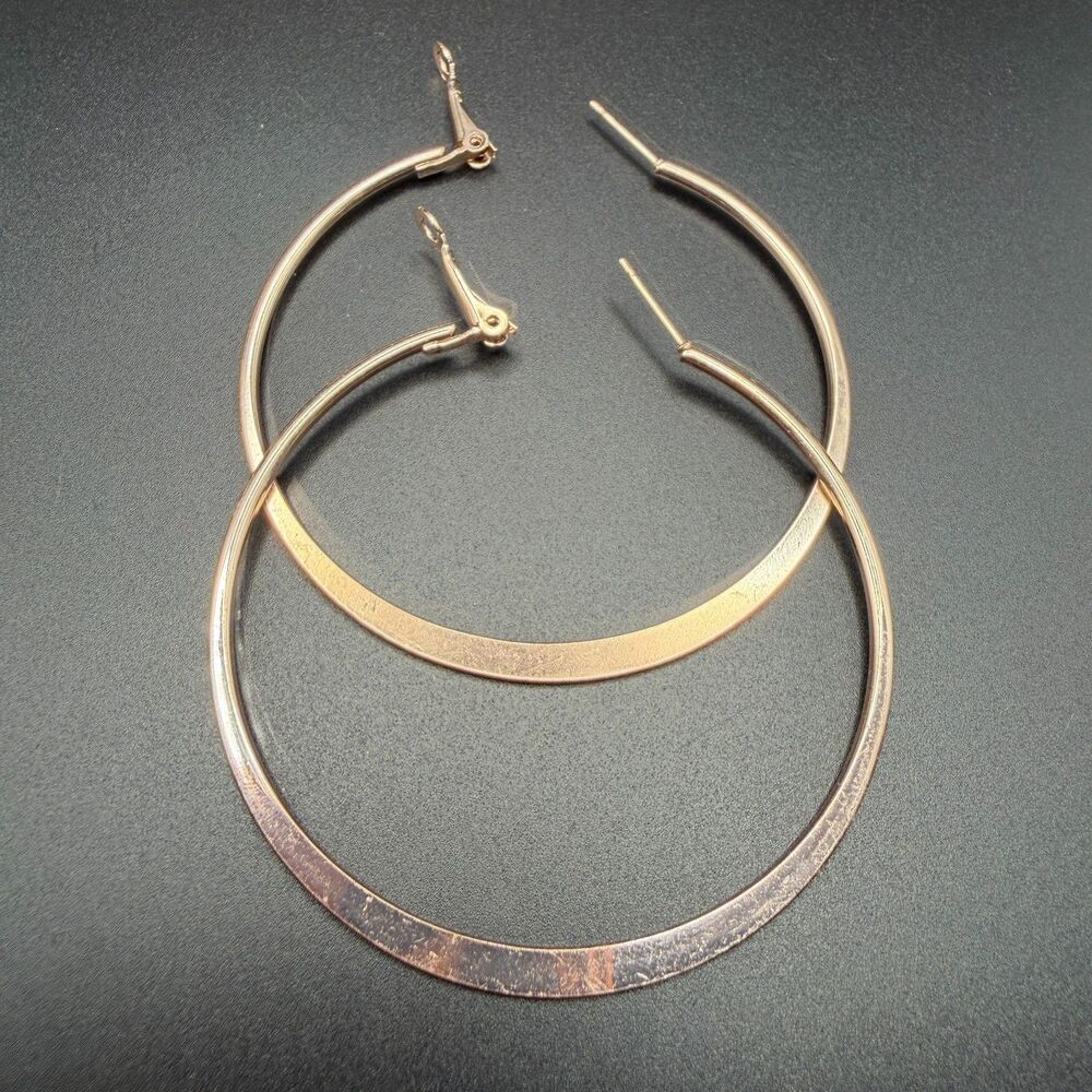 Large Flat Lever back Hoop Earrings Women Rose Gold Tone Metal Fashion
